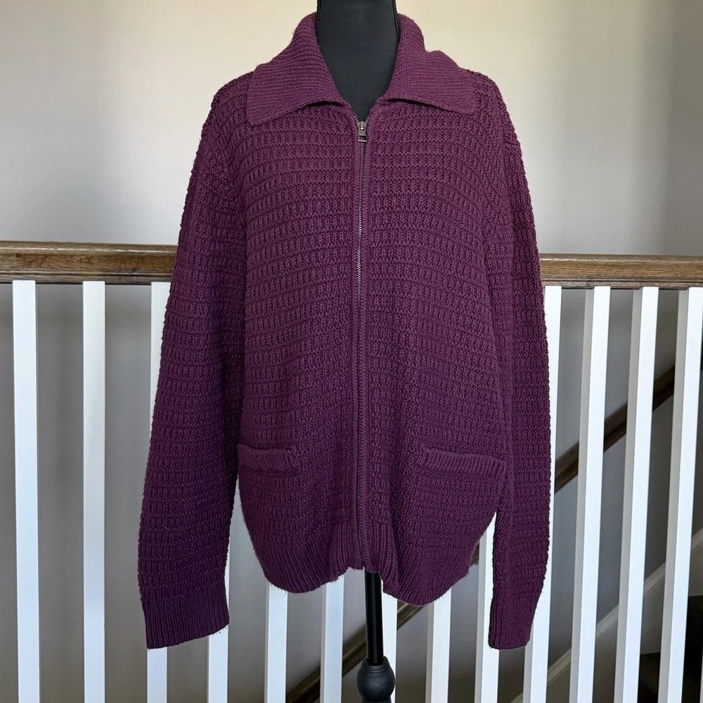 Talbots Chunky Fisherman Full Zip Cardigan Sweater Jacket XL Eggplant Academia